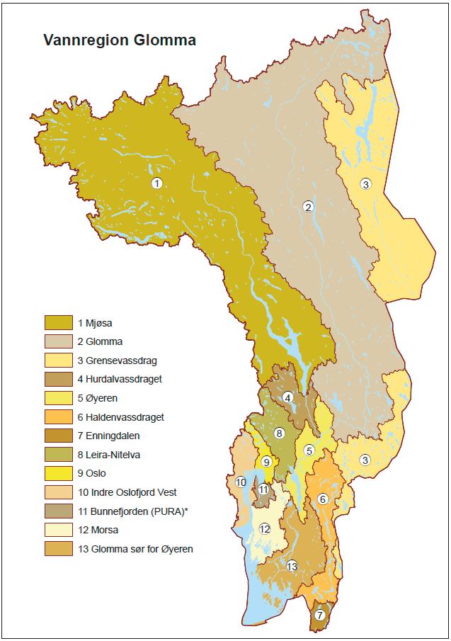 Kartet viser inndelingen av vannregionen i
