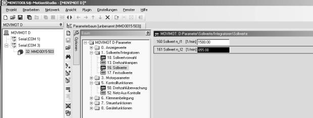 Tilpass parameter P161 Setpoint n_f2 [1] helt til applikasjonen fungerer optimalt. f.eks. P161 = 855 o/min (= 28,5 Hz) 13.Fjern PC-en fra MOVIMOT -omformeren. 14.