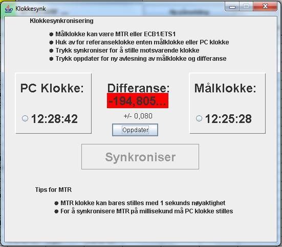 Klikk i feltet og det kommer opp en dialogboks for Klokkesynk. Se bildene nedenfor. Dette viser at mål-mtr er 195 sekunder ute av synk. Man kan velge hvilken klokke man stoler på.