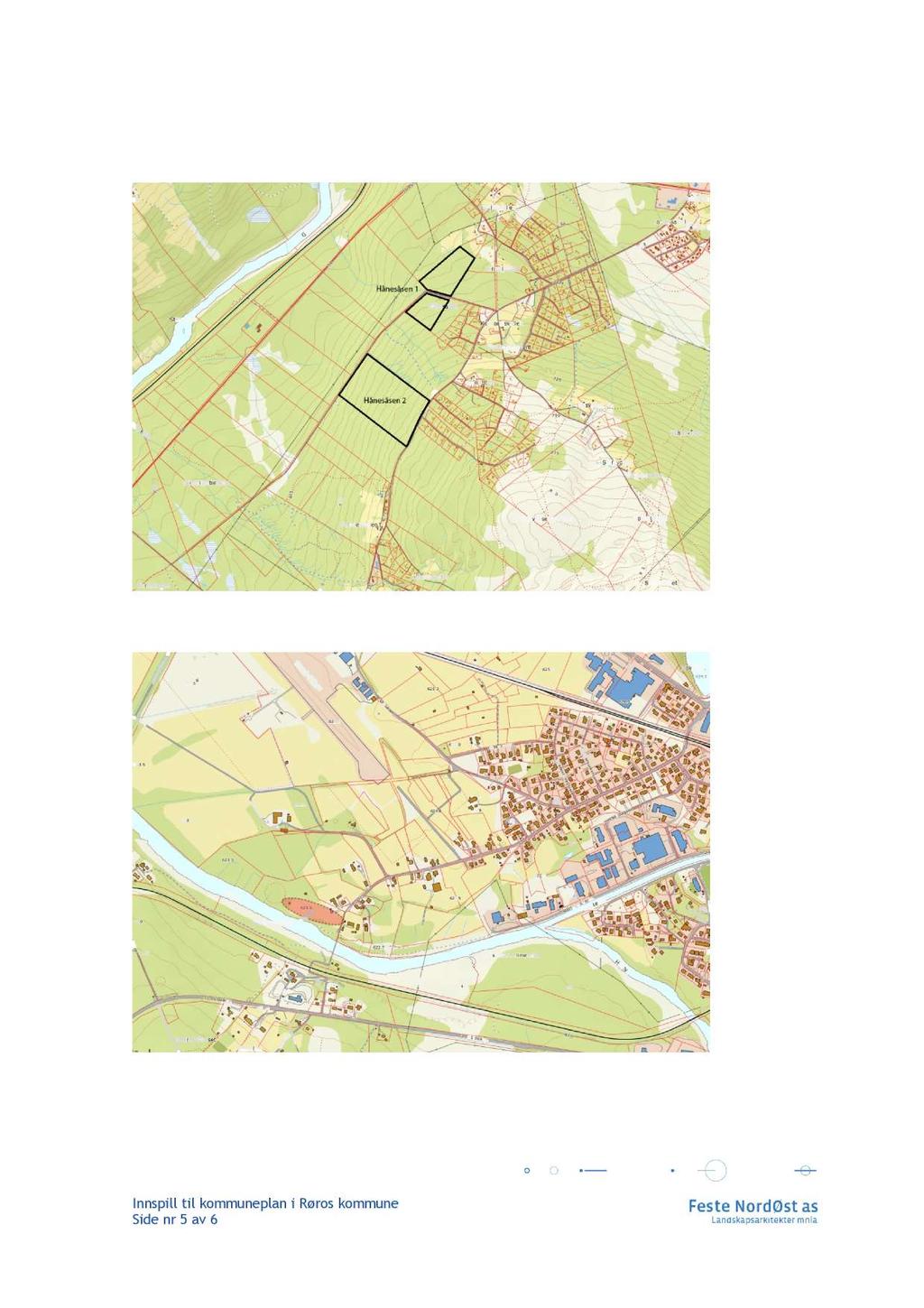 Nedenfor vises en oversikt over områdene ved Røros sentrum og Hånesåsen, med omsøkte om råder inntegnet.