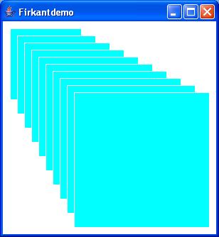 10 firkanter public void paintcomponent (Graphics g) { for (int i = 0; i < 100; i += 10){ g.setcolor(color.cyan); g.fillrect(10+i, 10+i, 100+i, 100+i); g.