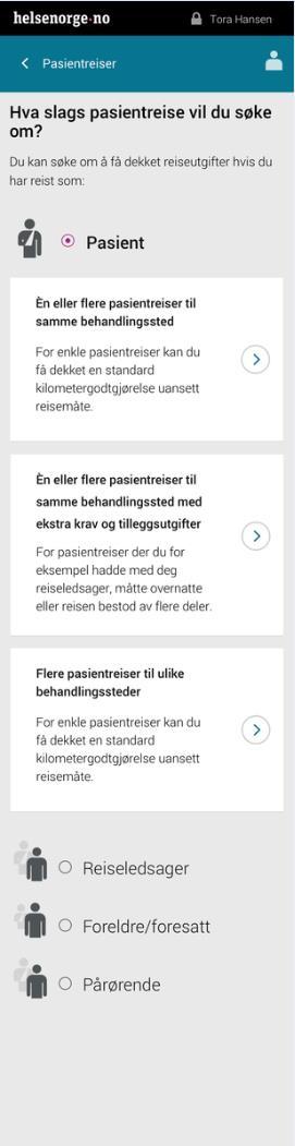 Hvis brukt i hjelpetekst: «Hva slags pasientreise vil du søke om å få dekket?
