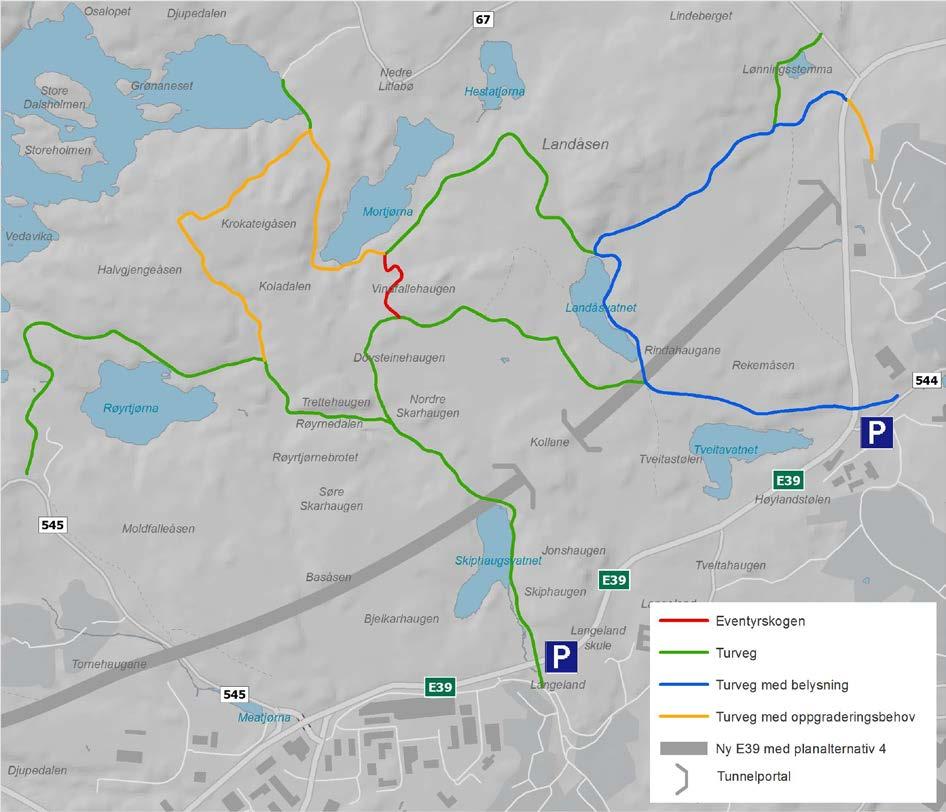 Figur 7: Oversiktskart over turvegtilrettelegging i Landåsen i dag, med markering av E39-trasé for planalternativ 4 (Illustrasjon: Statens vegvesen).