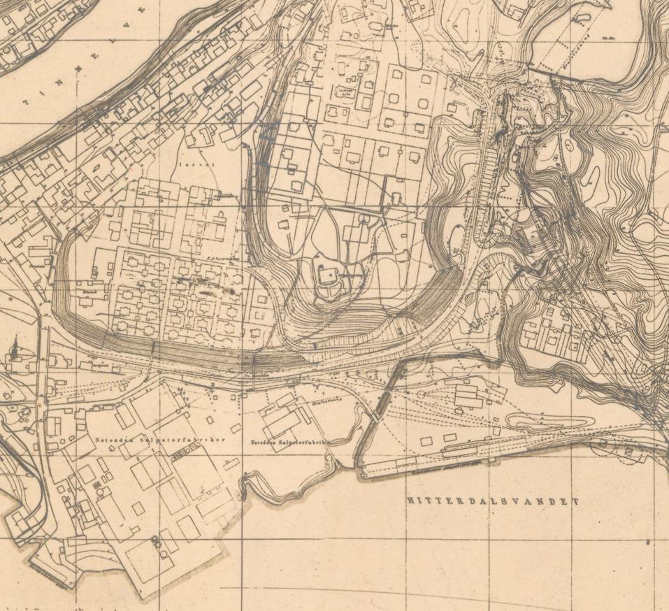 Funksjonærboliger Arbeiderboliger Admini Havneområde Fabrikkområde Kart over Notodden, 1914 Totalt ble det produsert 265.500 tonn Norgesalpeter på Notodden. Fabrikkens produksjon opphørte i 1928.