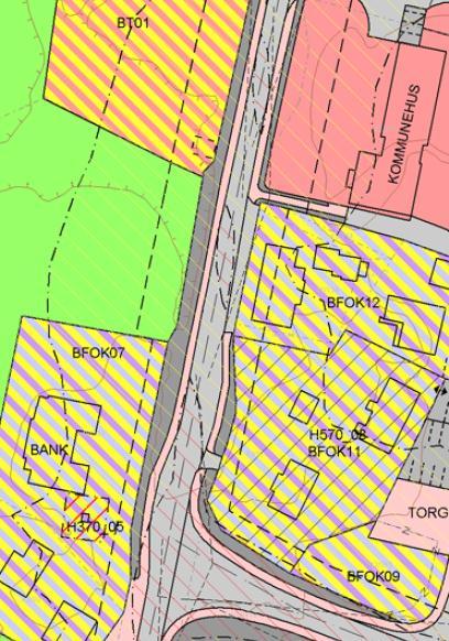 Situasjonen som gjelder i dag, ligger i reguleringsplan for Sentrum. Plankartet for hele planområdet er vedlagt.