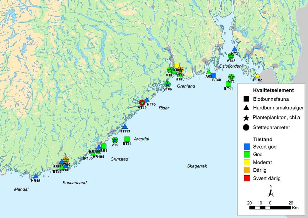 Tilstanden i Skagerrak på åpen eksponert kyst (vanntype S1) og moderat eksponert kyst/fjord (vanntype S2) var generelt «god» eller bedre i 2015 med unntak av Østerfjorden (S2) ved Risør hvor