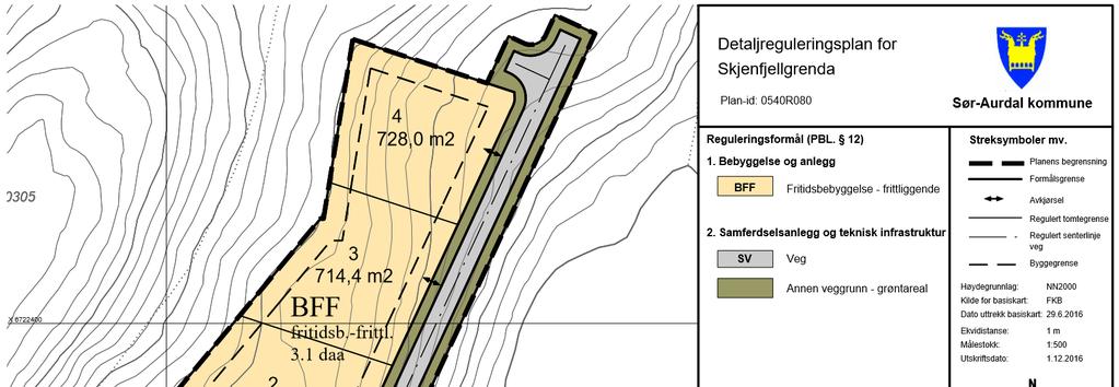 3. PLANFORSLAGET Detaljplankart for Skjenfjellgrenda hytteområde: Fig. 4. Detaljplankart Det er foreslått fire nye tomter for fritidsbebyggelse. Planområdet er på 4,5 daa. 3.1.