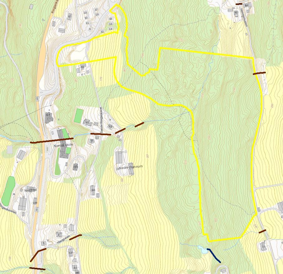 FLOMFARE OG AVRENNING 7 4. OVERVANNSHÅNDTERING 4.1 Eksisterende overvannshåndtering Området er ikke bebygd fra før så det eksisterer ikke noe overvannssystem/ledningsnett.