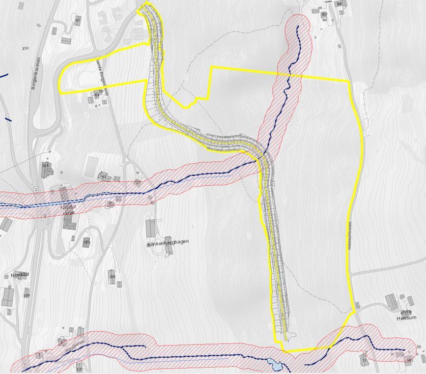 FLOMFARE OG AVRENNING 5 Nedstrøms planområdet passerer Nordalsbekken gjennom 3 stikkrenner og deretter under Nordal skole/ringeriksveien i en 800 mm stikkrenne.