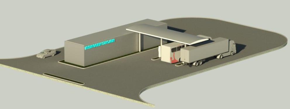 5 To forslag til arkitektonisk utforming av hydrogenstasjonen 5.1.1 Tradisjonell utforming Forslaget har en enkel form med produksjon og lagertanker samlet i et rektangel med en skjermvegg rundt.
