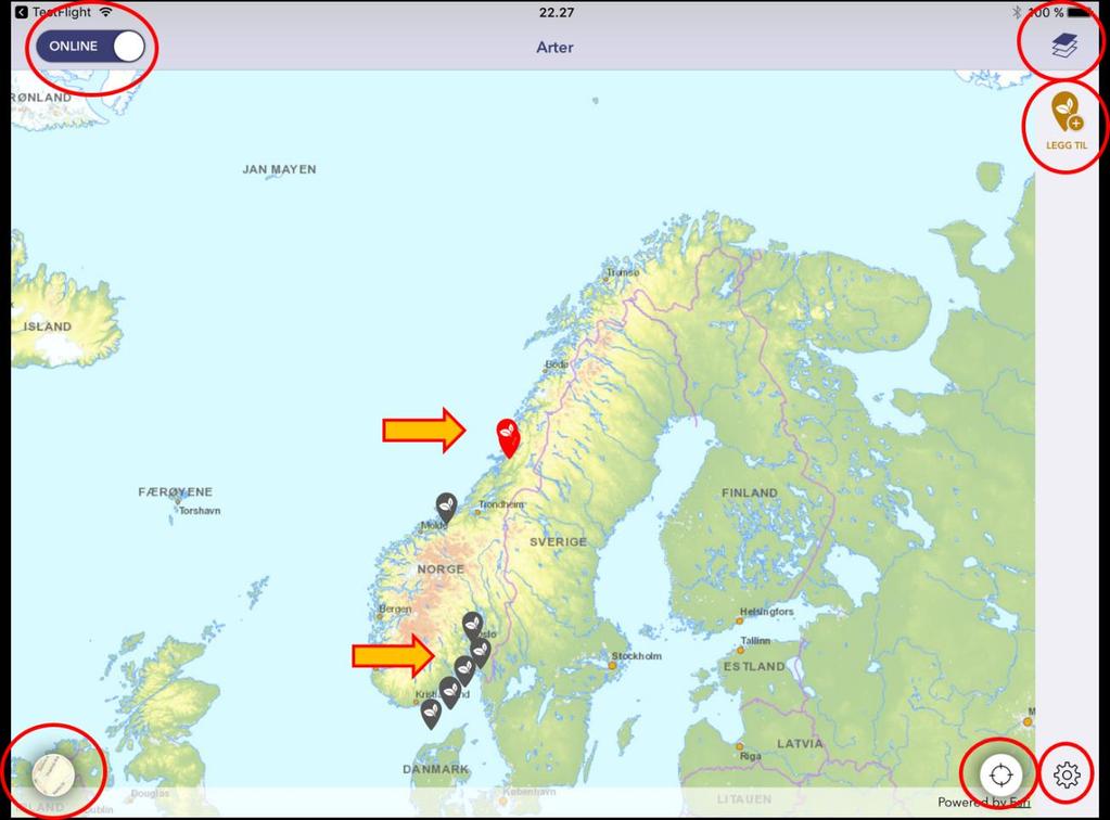 3.2.2 Funksjonalitet Arter inneholder funksjonalitet for å Angi lokalitet, enten ved å bruke eksisterende posisjon eller trykke på punkt i kartet. Funksjonaliteten aktiveres ved å velge "Legg til".