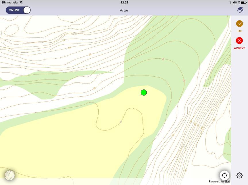 Appen gir deg mulighet til å sette et punkt for å markere lokaliteten. Aktiver GPS og bruk posisjonen din, eller velg uten bruk av GPS.