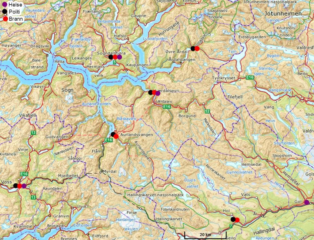 Raud respons lokal struktur Køyretid Voss - Aurland: 62 minutt Køyretid Lærdal Aurland: 28 minutt Køyretid Hol Aurland: 76 minutt Vesentleg å ivareta tilstrekkeleg beredskap i heile området på ein