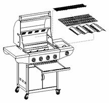 Legg grillrist og stekeplate (53) samt varmerist på plass inne i grillskålen (51). Skyv dessuten fettoppsamlingsplaten (49) på plass under brennerne. Den skal fylles med et ca.