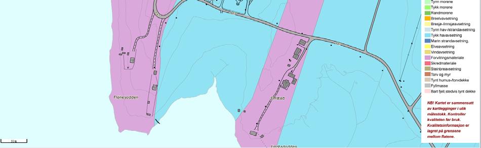 Figur 1: Kvartærgeologisk kart ved området Fiolett farge indikerer forvitringsmateriale og lyseblå farge indikerer hav- og fjordavsetning (kilde: NGU). 4.2.