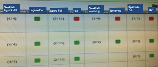 Figur 15: Utsnitt av informasjonstavle for risikovurdering/ pasientsikkerhet (utsnitt). 3/11 betyr at 3 av de 11 punktene i den underliggende sjekklisten er vurdert.