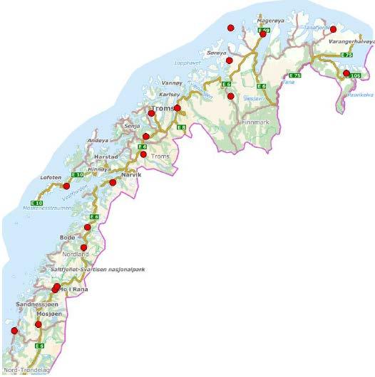 For Region nord medførte ulykker med drepte og hardt skadde i 2016 samfunnsøkonomiske kostnader i størrelsesorden 1,6-1,7 milliarder kroner. 2.6. Geografisk fordeling av dødsulykkene Dødsulykkene i 2016 er plottet i kartet nedenfor.