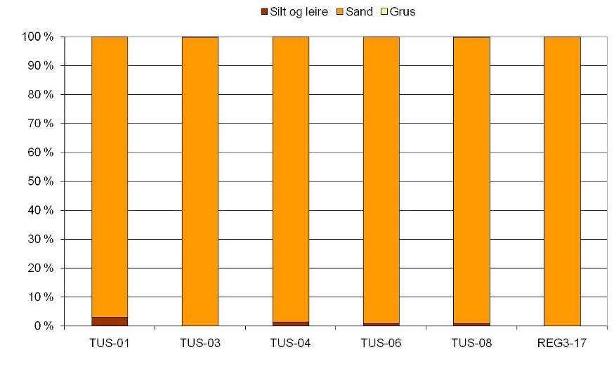 4.9.2 Sedimentkarakterisering Kornstørrelsesfordeling Resultatene fra analysen av kornstørrelsesfordeling er gitt i Tabell 4.9-2 og Figur 4.9-1. Detaljerte resultater er gitt i Appendiks C.