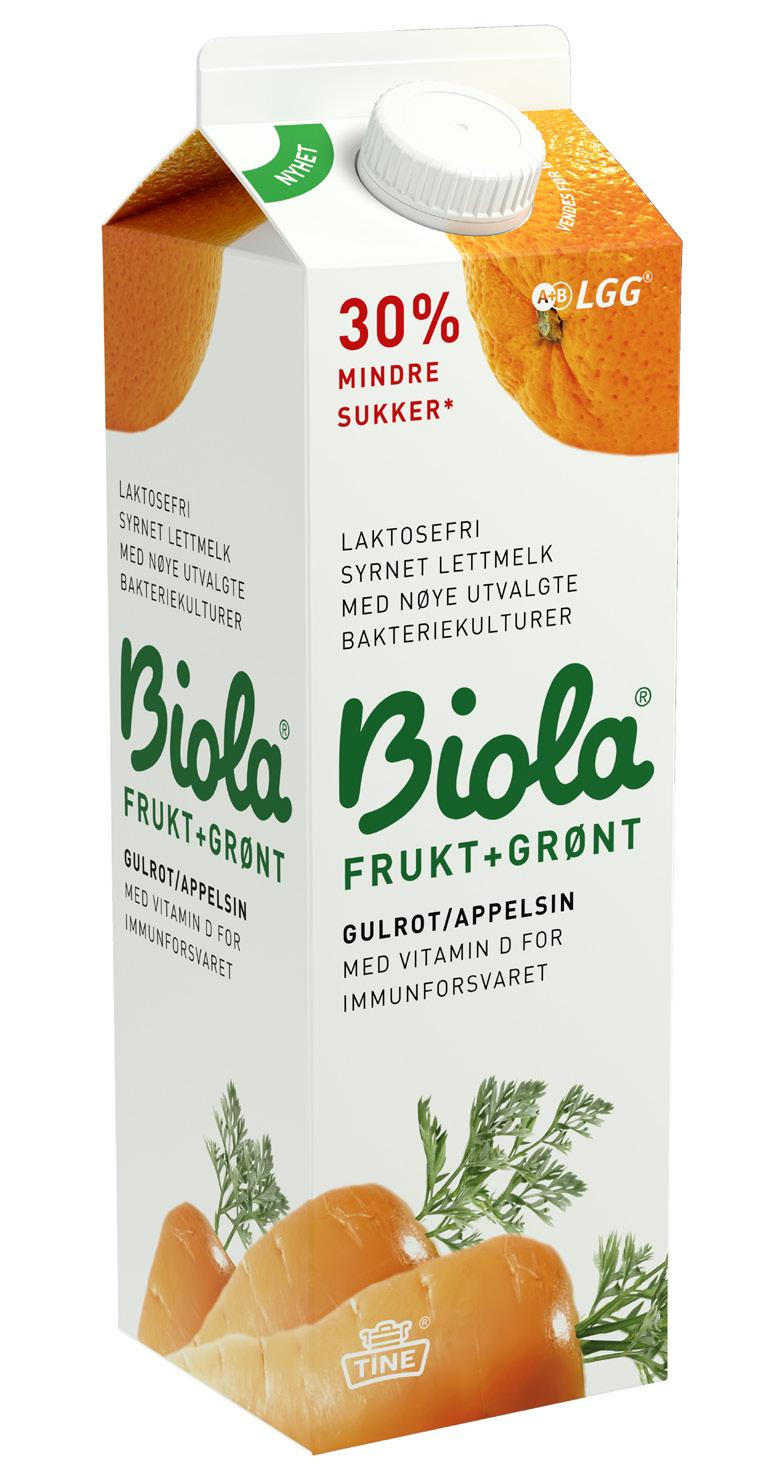 Biola Gulrot/Appelsin 1000 g SYRNET MELK MED SMAK AV GRØNNSAKER OG 30 % MINDRE SUKKER* Skaper en nyhetseffekt og oppmerksomhet i syrnet-hyllen, som igjen bidrar til aktivisering av segmentet