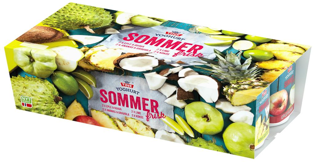 TINE Yoghurt Sommerfrisk 8 x 150 g EPLE & GUAVA, LIME, ANANAS & GRAVIOLA OG KOKOS 8 pk Sesong er