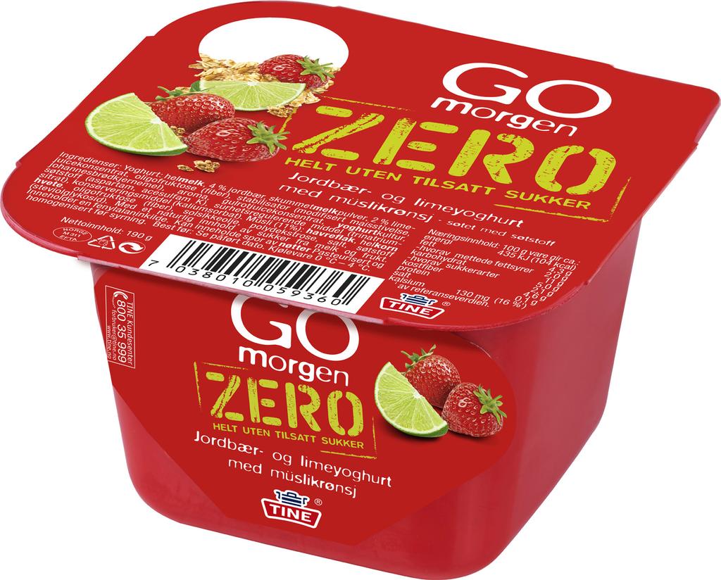 Go morgen ZERO Jordbær & Lime 190 g TA KNEKKEN PÅ SULTEN MED GO MORGEN ZERO JORDBÆR OG LIME Jordbæryoghurten til Go morgen er på topp 4-listen* over alle solgte yoghurt på farten i Norge Flere spiser