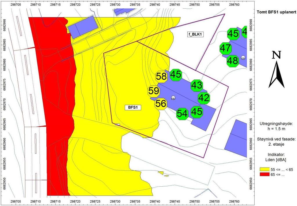 5 Resultat 5.1 Utandørs støy Dei fem bustadane lengst aust får tilfredsstillande støynivå på alle fasadar og alt uteområde (Lden = 55 db eller lågare) utan tiltak.