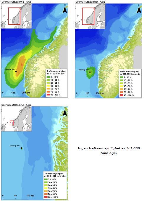 Figur 5-7 Sannsynligheten for treff av oljemengder; 1-100 tonn, 100-500 tonn, 500-1000 tonn eller > 1000 onn i 10 10 km sjøruter gitt en overflateutblåsning fra Oseberg Øst og basert på