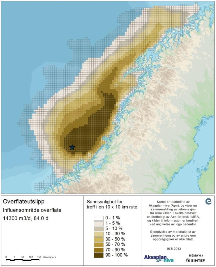 Figur 3-3 Sannsynlighet for treff av olje på overflaten med mer enn 1 tonn i en 10x10 km rute for overflateutslipp, med høyeste rate og lengste varighet Figur 3-4