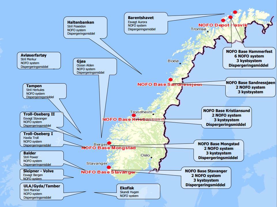 4.3.4 Oljevernressurser- utstyrsplassering og forutsetninger Figur 4-4 viser plasseringen av NOFO utstyr per april 2016 [9].