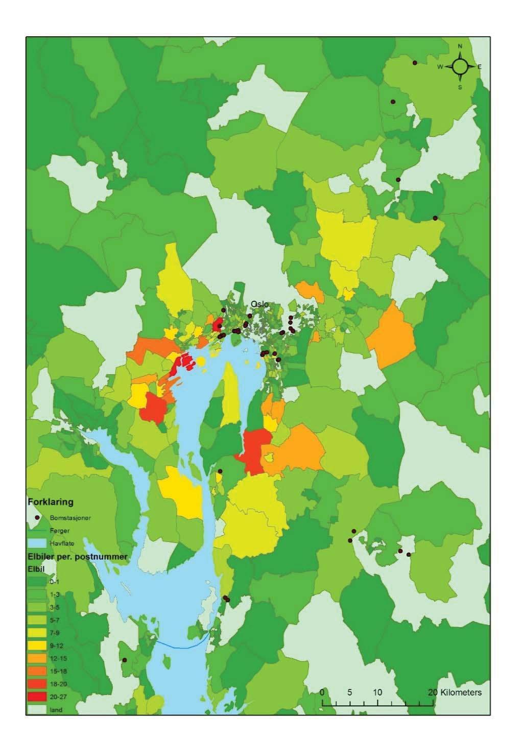 Figur 3.2.9: Antall elbiler per postnummer. Oslo-regionen.