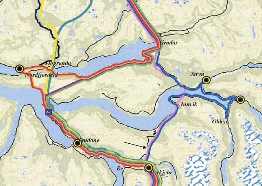 Figur 6 Konsept SV-K10 skal leggast til grunn for ny E39 gjennom Nordfjord. (jf. KVU E39 Skei - Ålesund. Konseptet er vist med rosa linje og markert med pil på kartet).