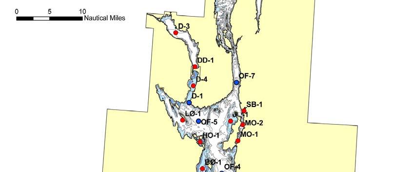 Figur 27. Lokalisering av bløtbunnsstasjoner i Ytre Oslofjord.. Blå stasjoner = bløtbunnsfauna (grabb) og SPI undersøkelser. Røde stasjoner = kun SPI undersøkelser. Tabell 6.