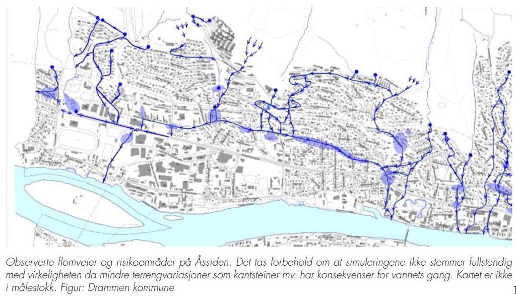 Utdrag fra flomsonekart for Drammen (NVE-rapport 2/2005): Aktuelle flomhøyder i planområdet På den nederste del av området er bebyggelsen planlagt ikke lavere enn