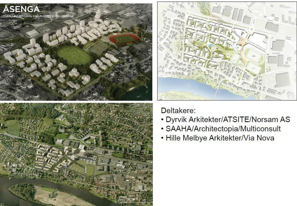 utvikling. Alle forslagene viser en bebyggelse med høye bygninger øverst og gradvis lavere ned mot elven.