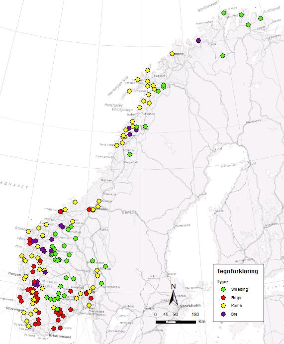 Figur 3. Målestasjoner inndelt etter flomtype.