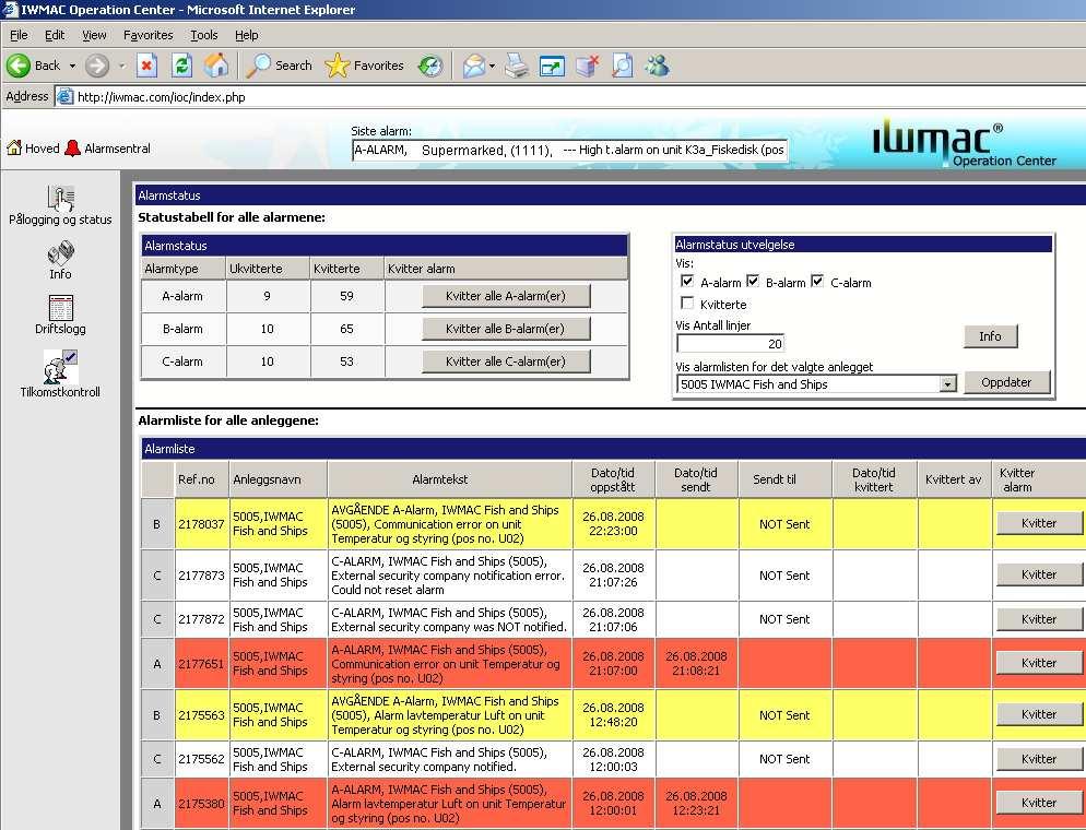 Figur 9 - Alarmsentral, alarmliste Kvittering av alarm Alarmer for dine anlegg som ennå ikke er kvittert, kan du kvittere enkeltvis ved å trykke på knappen kvitter.