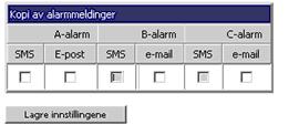 2. Velge hvilke alarmer du ønsker kopier av. Dette gjøres i kopi av alarmmeldinger. 3. Når du er ferdig trykker du på lagre innstillingene.