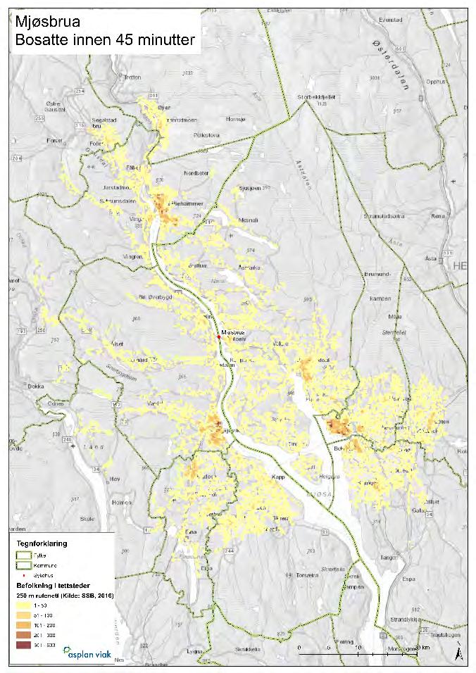 111 Figur 8-4: Bosatte innenfor 45 minutters kjøring fra Mjøsbrua og SI Sanderud per 1.1.2016 I befolkningsframskrivingene til SSB er det laveste geografiske nivået for framskrevet folketall kommunenivå.