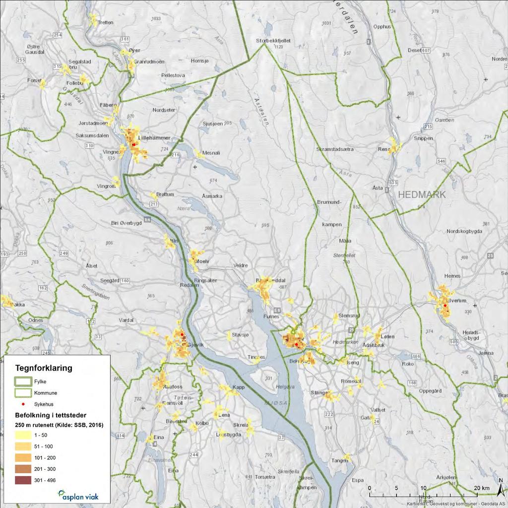 20 Figur 3-2: Viktigste tettsteder i Mjøsregionen. Rød markering viser lokalisering av sykehus i dagens eller mulig framtidig struktur.