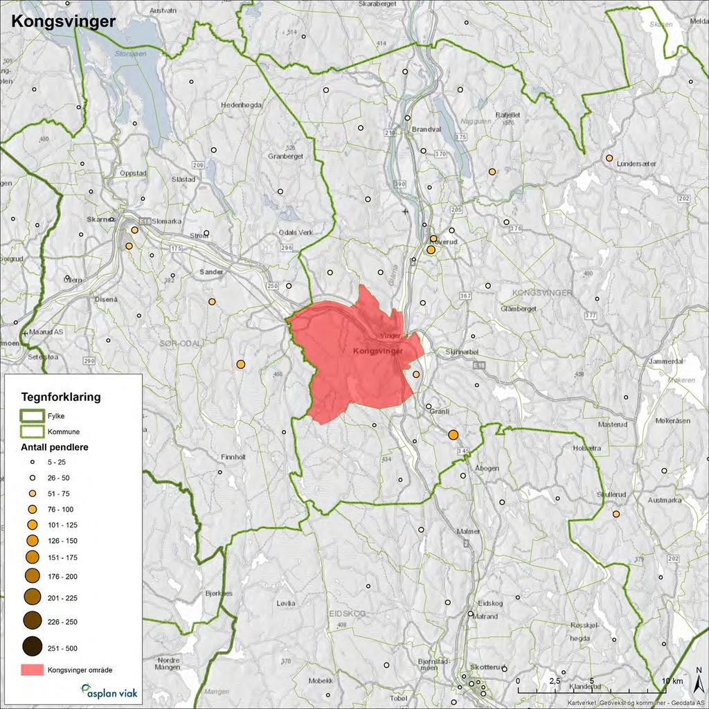 27 Figur 3-7: Arbeidsreiser fra grunnkretser til Kongsvinger sentrum. Dette viser alle som har ansattreiser til Kongsvinger, ikke bare ansatte ved Sykehuset Innlandet.