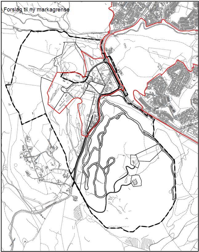 vernes/hensyntas. Det foreslås derfor å revidere markagrensa slik at boliger og møbelbutikk langs Smistadvegen og sivilforsvarsleiren tas ut av marka, og markagrensa følger ny vegtrasé.