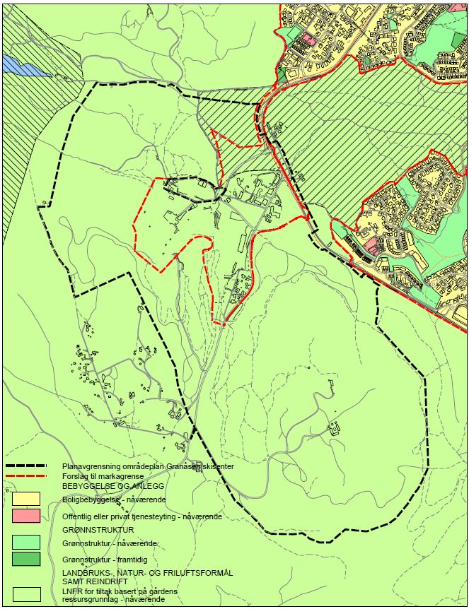 Områdeavgrensing vist på kartutsnitt av kommuneplanens arealdel med forslag til ny markagrense i rødt Reguleringsplan for Granåsen skisenter, r326a