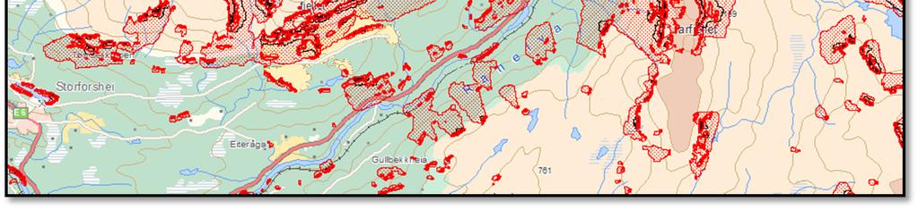 Rød skravering viser aktsomhetsområde for snøskred, mens svart skravering viser tilsvarende for steinskred.