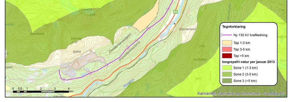 INON sone Areal som endrer INON status, km 2 Areal tilført fra høyere INON soner, km 2 Netto bortfall, km 2 Sone 2: 1-3 km fra inngrep 2,00 0,47 1,53 Sone 1: 3-5 km fra inngrep 0,47 0,13 0,34