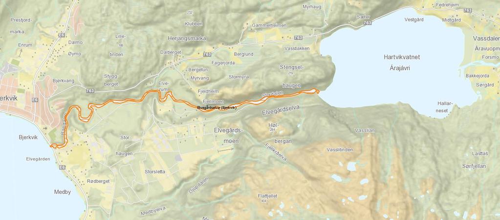 3.5 Elvegårdelva (Bjerkvik) Hele dagens lakseførende strekning av elva ble undersøkt ved drivtelling 17. september (figur 7). Det ble da registrert 154 villaks og 18 oppdrettslaks (tabell 4).