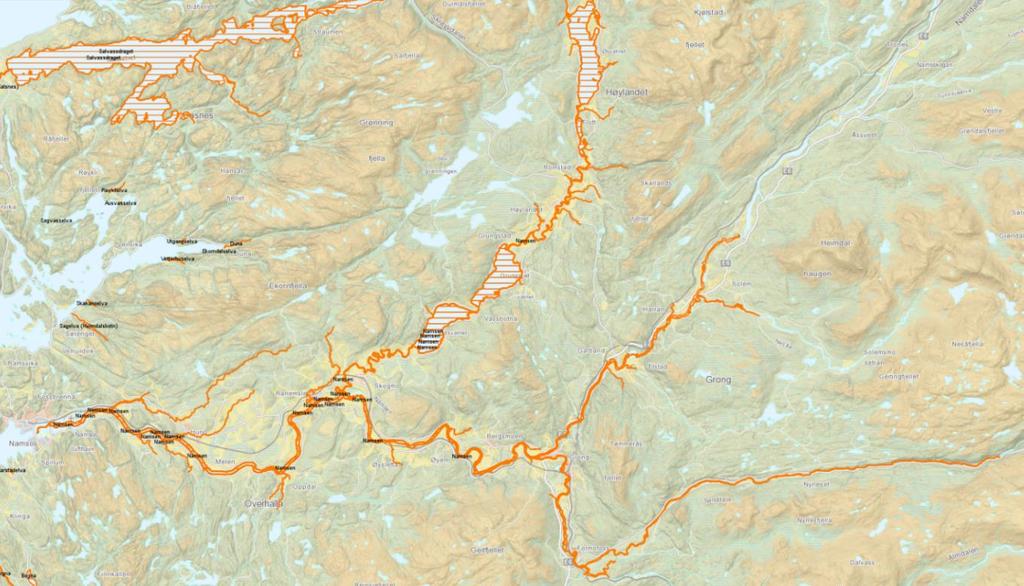 3.8 Namsenvassdraget Fire del-strekninger i øvre del av vassdraget ble undersøkt ved drivtelling 24 og 25. oktober.