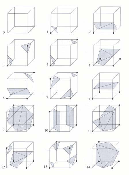 Side 7 av 12 b) Ved marching cubes -metoden tar en for seg en kube der hvert hjørne er en voksel. Kantene er mellom nabovoksler.