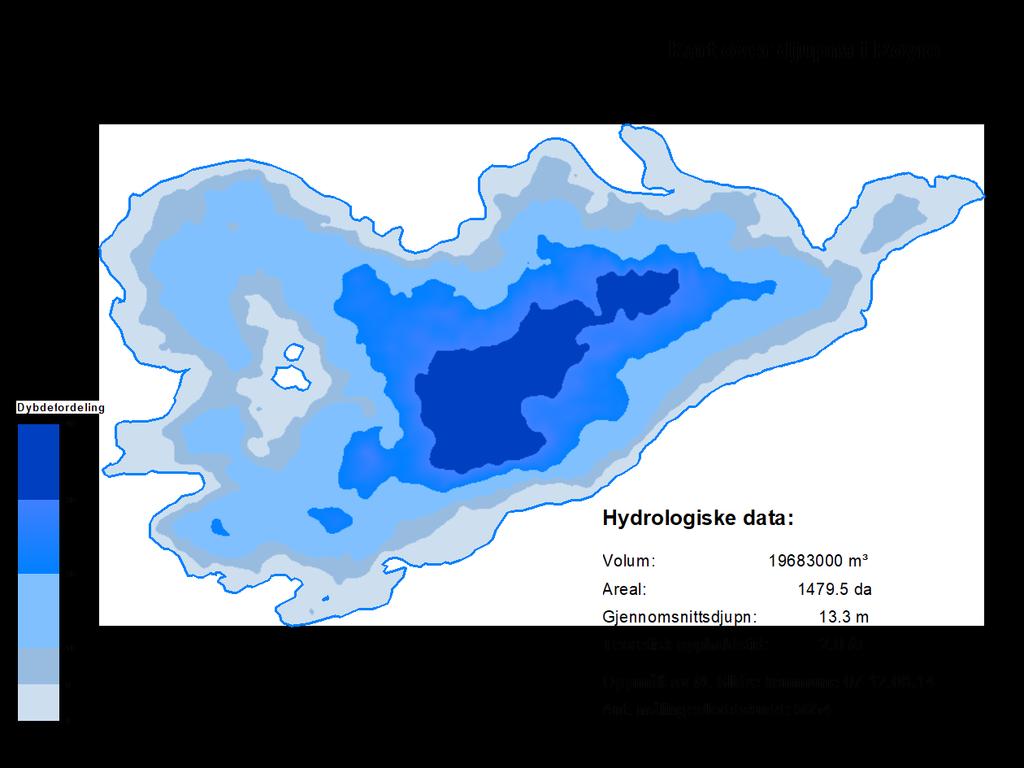 Figur 10. Kart over djupna i Røyre samt viktige hydrologiske data for vurdering av potensiale som drikkevasskjelde.