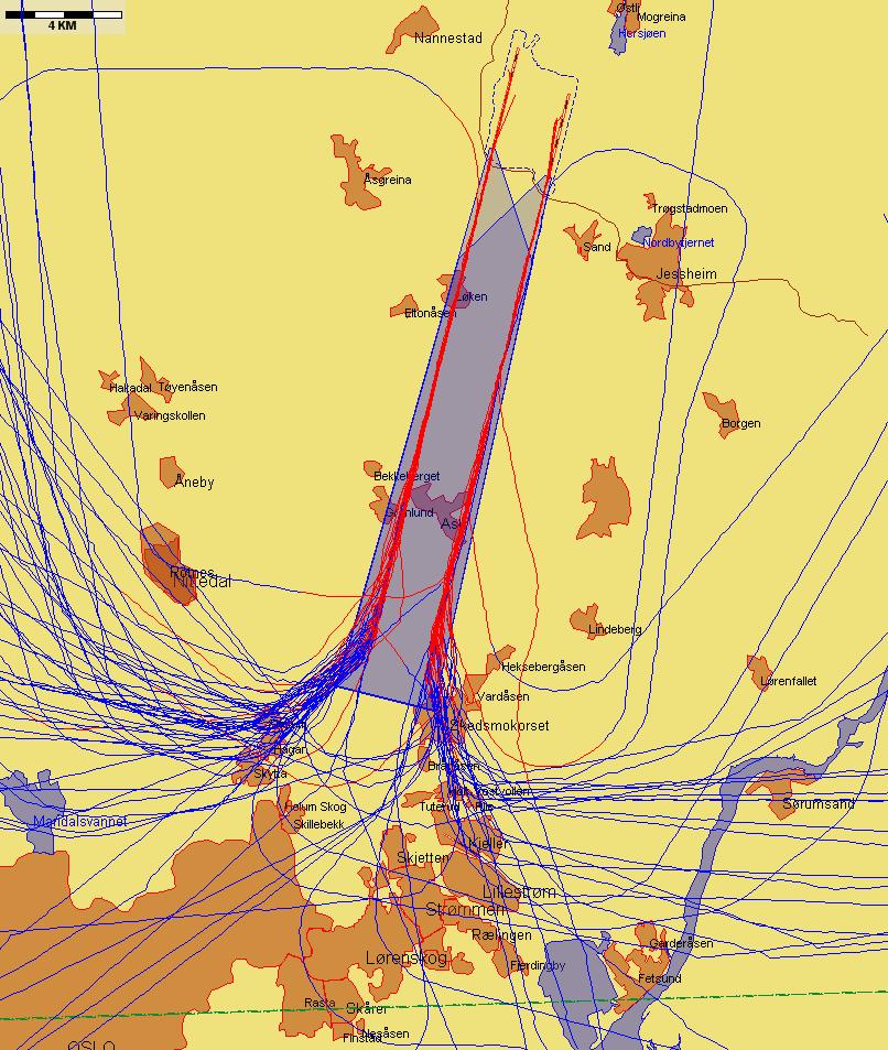 9.3.2 Landinger, rapportering iht 9, Forskrift om støyforebygging, Gardermoen Jetflylandinger fra sør med sen tilslutning til ILS-glidebanen Figur 6.