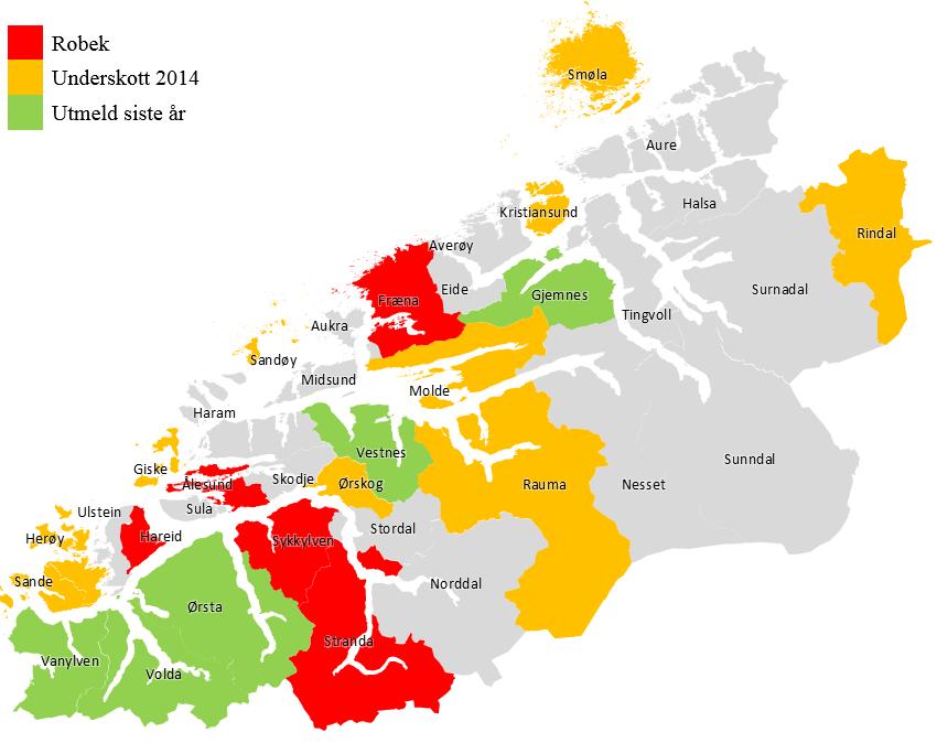 46 Figur 25 Robek-kartet Kjelde: SSB og KMD Endringar i inndelingslova (kommuneproposisjonen 2016 og høyringsnotat) Eit av spørsmåla i høyringsnotatet er korleis Robek-status skal handterast ved